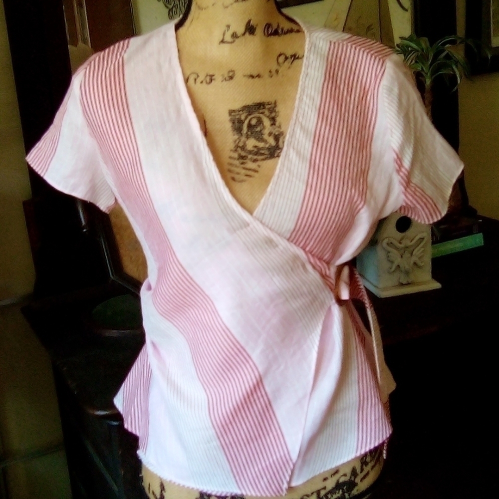 Harper Heritage/Francesca's Collection Red and Cream Striped Wrap Top